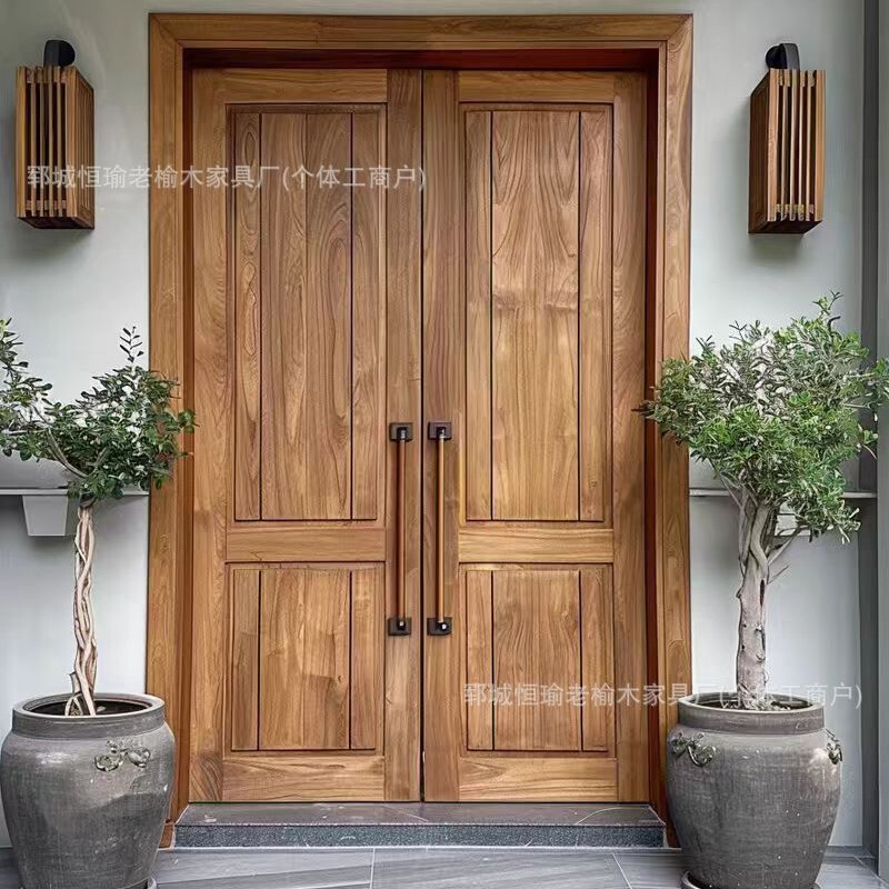 Old Elm Entrance Door New Chinese Style Simple Double Door Villa Courtyard Solid Wood Retro Self-Built House Entrance Door