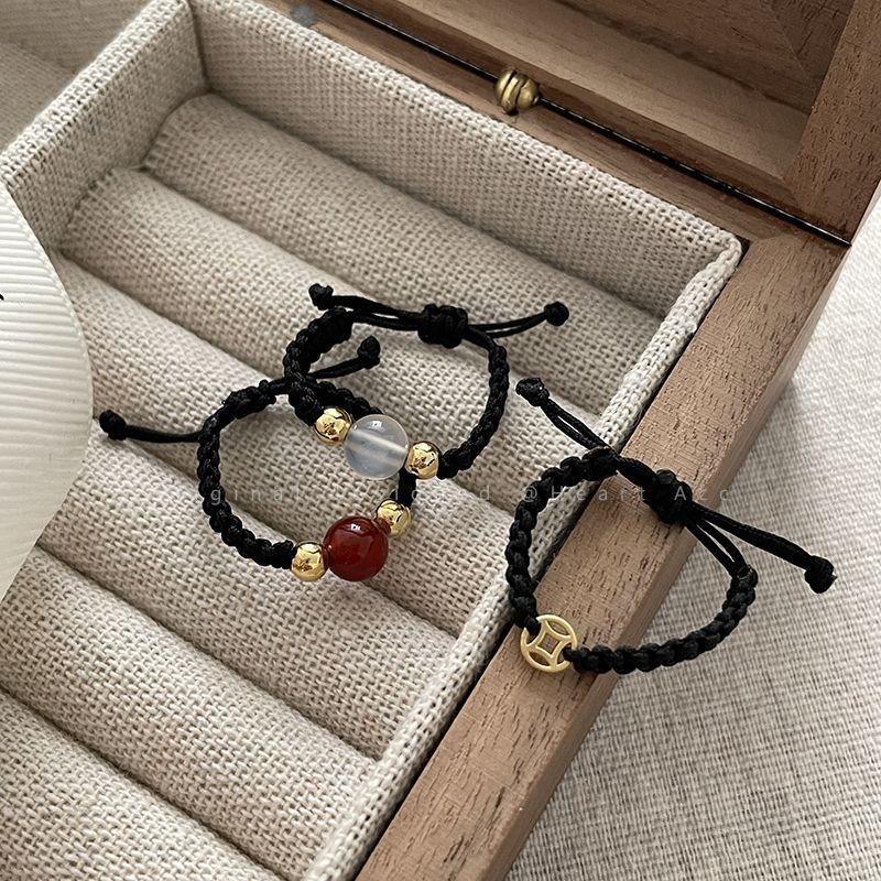 Acacia Red Bean Copper Coin Woven Ring for Women Ins Trendy Niche Design Personality Simple Versatile Couple Best Friend Tail Ring