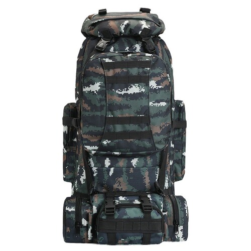 Outdoor backpack for camping and travel, featuring camouflage design, waterproof, large capacity, suitable for hiking and cross-border trade.