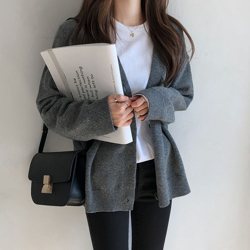 网红慵懒风外套女毛衣女开衫潮学院风秋冬新款韩版宽松v领针织衫|undefined