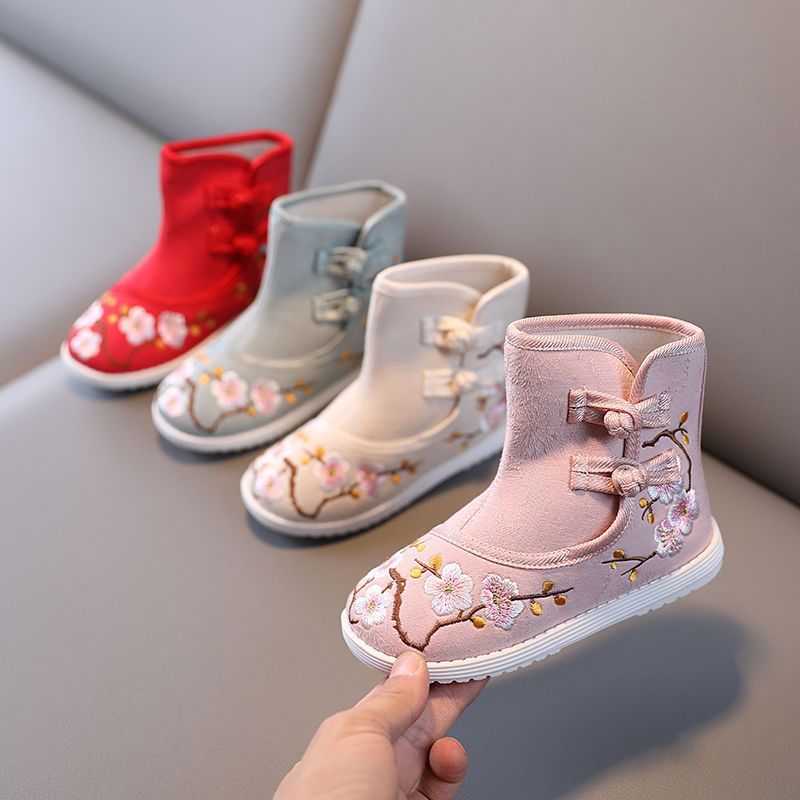 2023 New Hanfu Shoes High-top Ankle Shoes for Girls and Children, Embroidered Shoes, Old Beijing Children's Cloth Shoes for Students and Performances