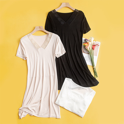 唐格 夏季针织真丝V领花边睡裙 桑蚕丝性感打底吊带裙短袖 透气|ms