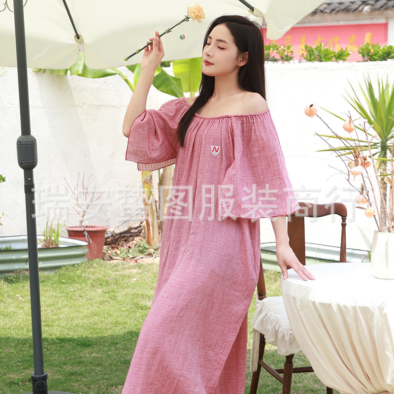 夏の新しい綿麻パジャマ男女外出部屋服夏の清涼服スカート夏のパジャマ通気吸汗|undefined