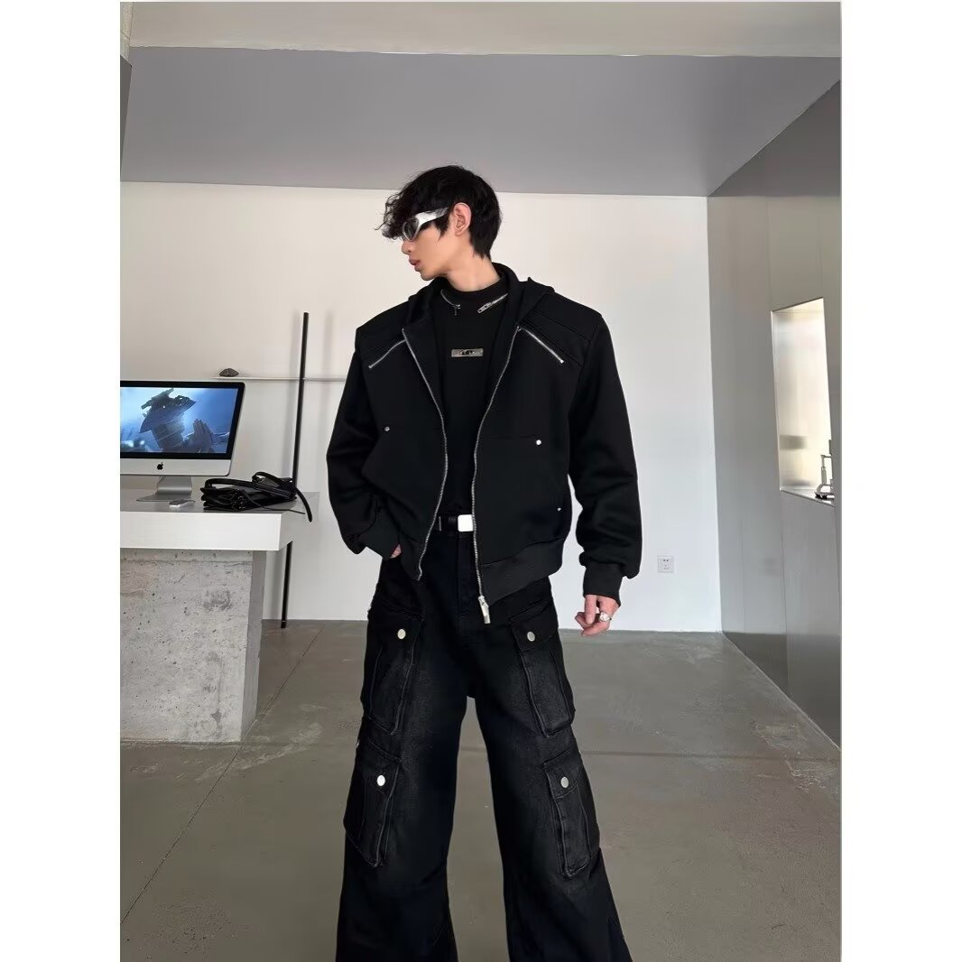 Men's Metal Zipper Hooded Jacket Deconstruction Design Style_voghion.com