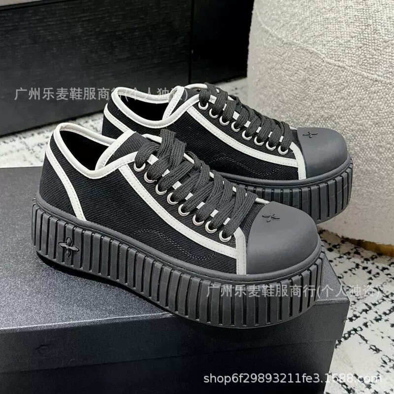 高品质~十字花松糕厚底黑白色拥抱滑板鞋xsmfk复古做旧脏脏帆布鞋|undefined