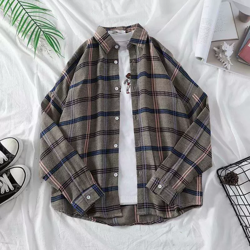 2025 Осенняя клетчатая красивая рубашка в гонконгском стиле для мальчиков, свободная модная одежда в корейском стиле с длинными рукавами для пар, ленивый стиль
