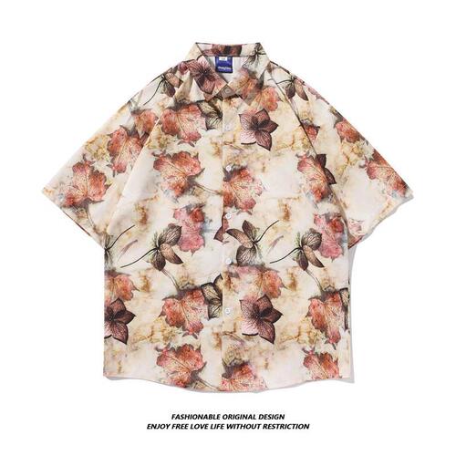 Thai Hawaii floral print men's summer thin Hong Kong style INS trendy brand cool casual fashion half sleeve shirt