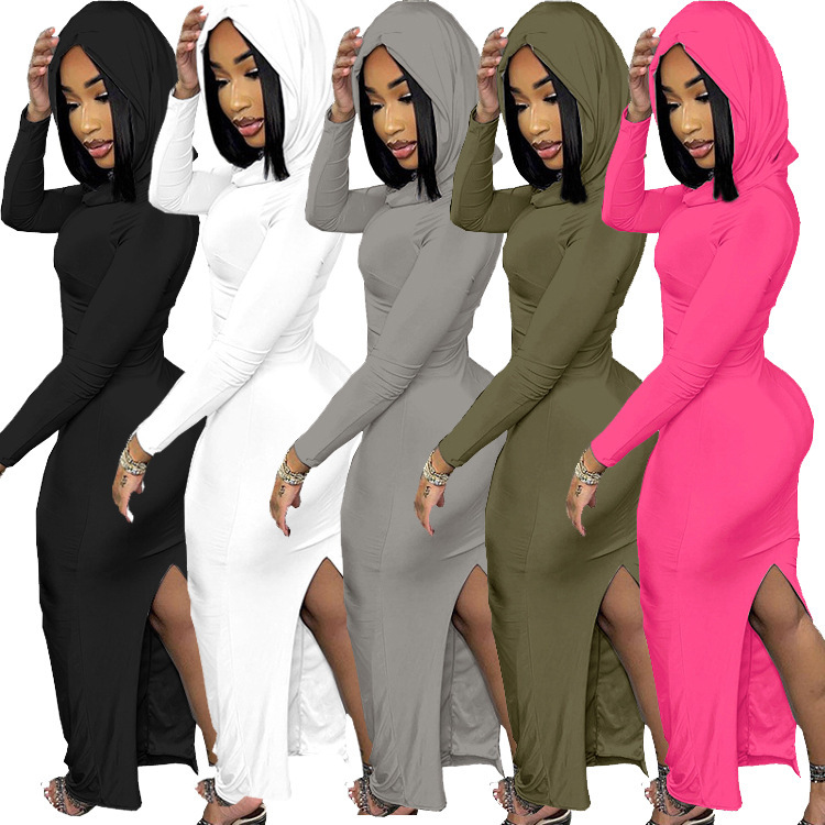 Cross-Border Amazon Robe European and American Foreign Trade New Style Casual Elastic Slim Fit Hooded Long Dress with Back Slit Cross-Border Amazon Robe European and American Foreign Trade New Style Casual Elastic Slim Fit Hooded Long Dress with Back Slit