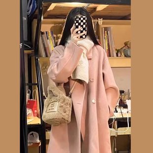 High-End Pink Woolen Outwear for Women Autumn and Winter 2025 New Korean Style Thickeneded Mid-Length Woolen Outwear for Small People