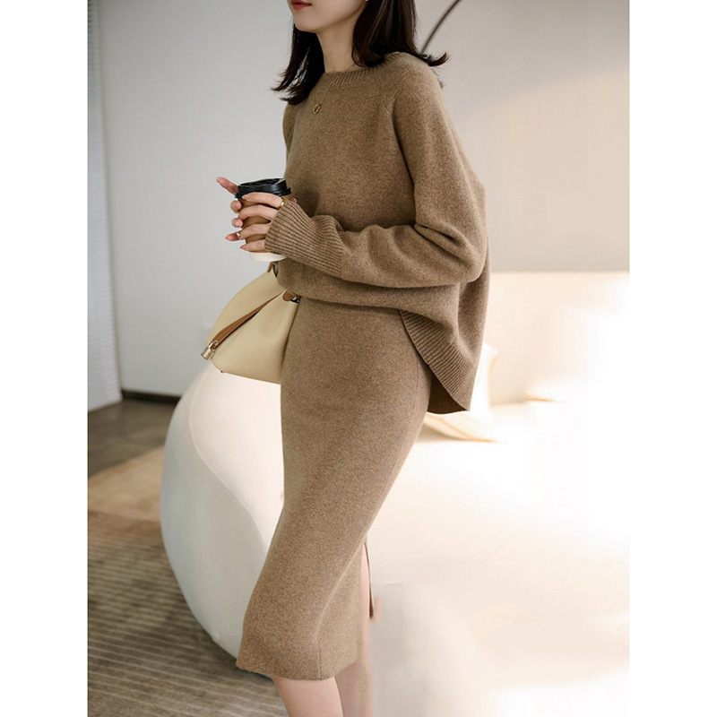 6989 # Elegant and Graceful! Slimming and Curvaceous H-Shaped Round-Neck Knit Skirt Autumn and Winter Set