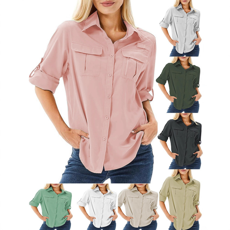 Cross-Border European and American New Style 2025 Amazon Outdoor Quick-Drying Anti-Scratch Women's Button-Down Long-Sleeved Shirt Loose Women's Clothing