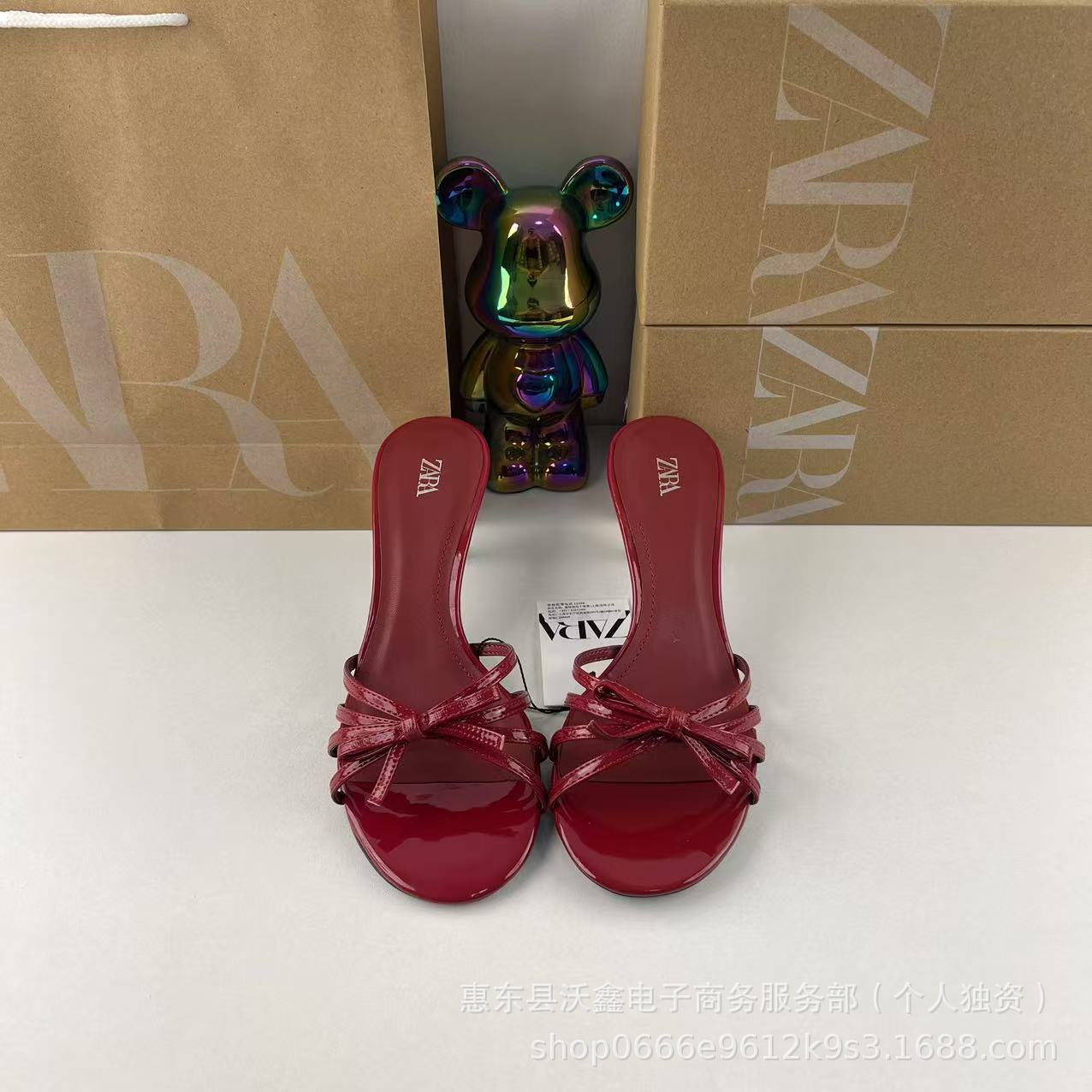 ZAR Summer New Women's Shoes Red Bow High Heel Sandals Patent Leather High Heel Slippers Open Toe Thin Heel Sandals