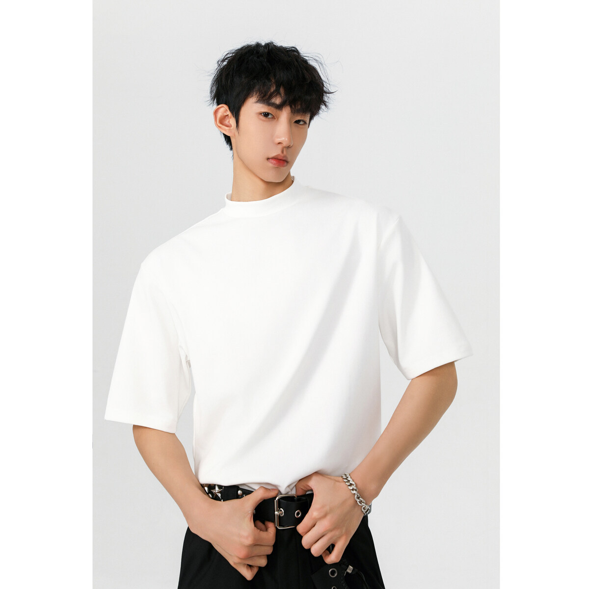 헤비 반팔 티셔츠 간단한 기본 남성 여름 260G 세미 하이 칼라 티셔츠 느슨한 스트레치 조커 티