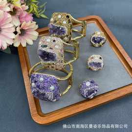 新款天然紫水晶镶嵌原石碎石陶泥镶嵌大号手镯跨境原创天然石饰品