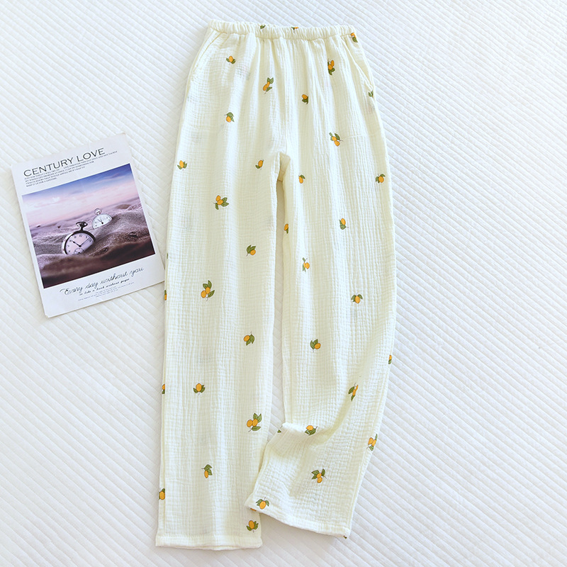 Spring And Summer New Trousers Women's Cute Flowers Thin Section 100%Cotton Crepe Casual Pants Loose Home Pants Women Bottoms