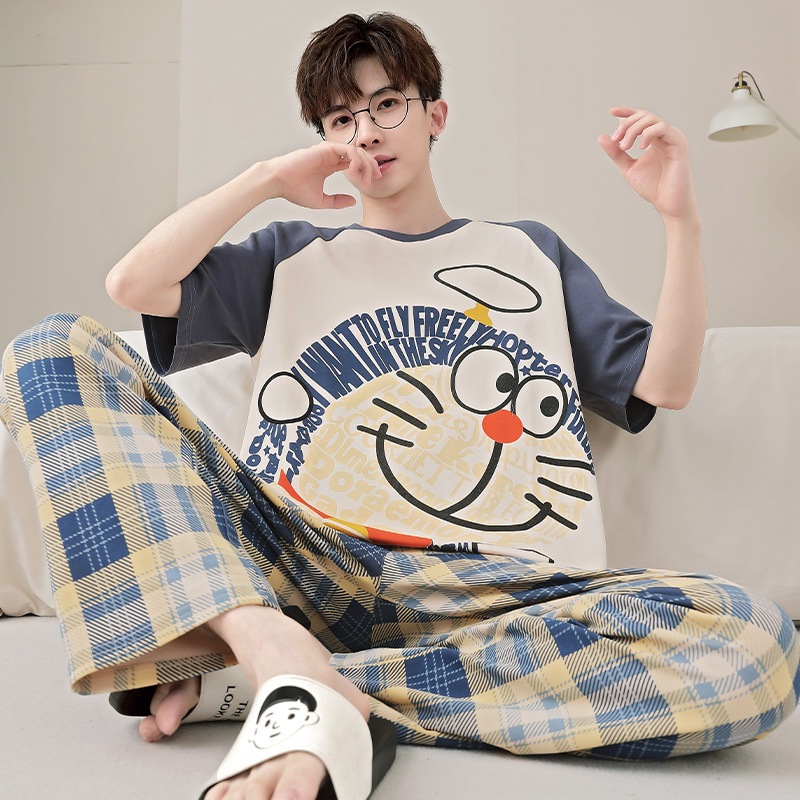 Men's Pajamas Summer Pure Cotton Short-Sleeved 2025 New Thin Youth Pants Cartoon Large Size Home Wear Set