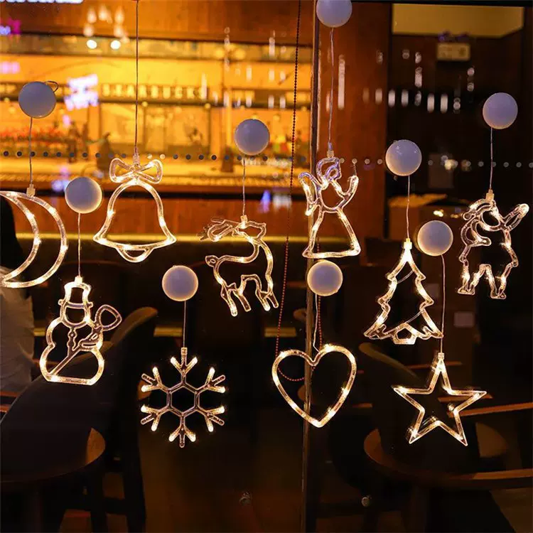 室内LED圣诞吸盘灯节日装饰灯串雪花铃铛造型彩灯房间布置氛围灯