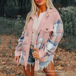 European and American Casual Loose Top Plaid Stitching Corduroy Contrast Button Pocket Long-Sleeved Jacket