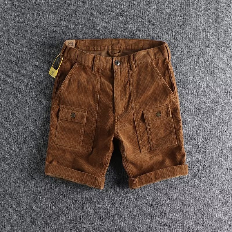 American Retro Corduroy Shorts Men's Summer Thin Trendy Ami Khaki Distressed Loose Casual Knee-Length Shorts