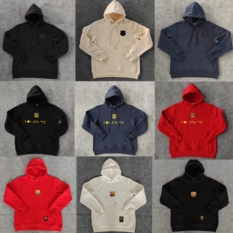 24-25 Barcelona Retro Long-Sleeved Sweatshirt Autumn and Winter Hooded Fleece Black Casual Jacket Sports Football Team Uniform