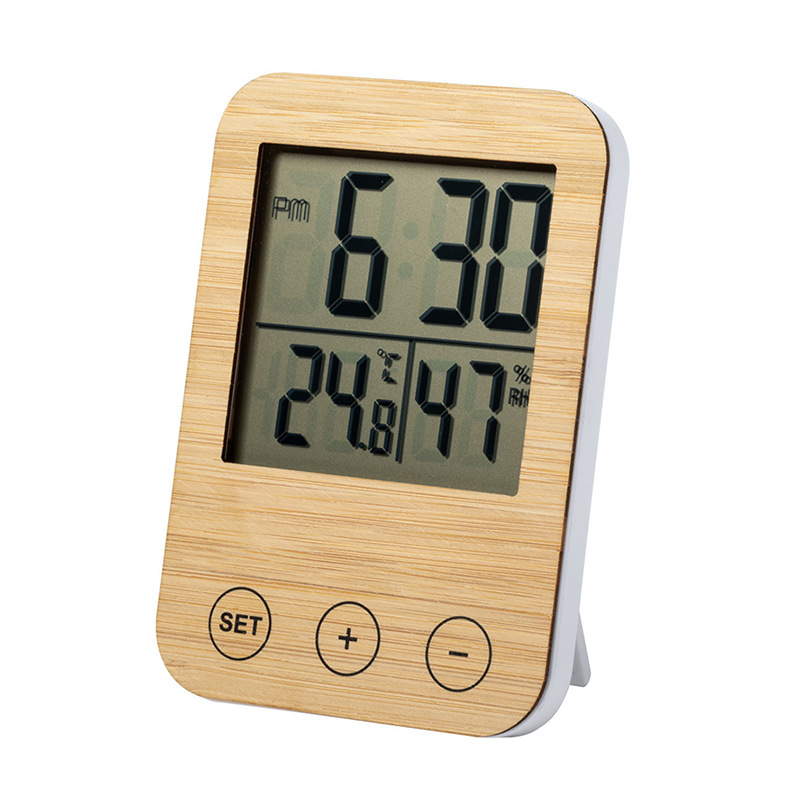 artículos para el hogar bambú simple botón táctil electrónico termómetro de humedad reloj electrónico de bambú fábrica de medición de temperatura mayorista