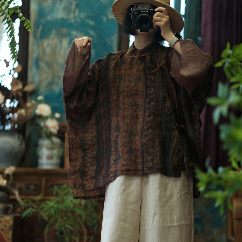 Lightly Customized Retro Literary Printed Linen Loose Bat Sleeve Shirt Zen Tea Suit 219 Meng Jiangnan