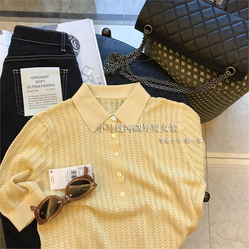 夏フレンチイエロー中空ラペルセーター半袖Tシャツレディースポロシャツデザインニッチ薄手トップ|undefined