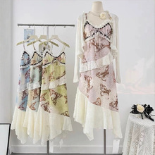 浪漫法式复古印花收腰显瘦吊带连衣裙女弹力蕾丝拼接气质鱼尾裙女