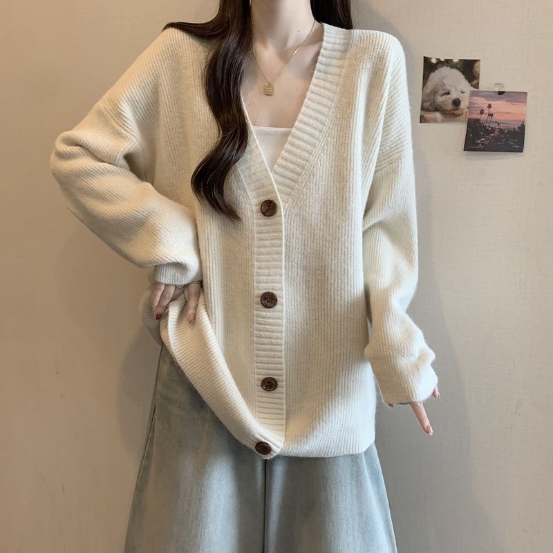 复古毛衣开衫女大码微胖mm春秋慵懒风高级感V领针织外套上衣|undefined