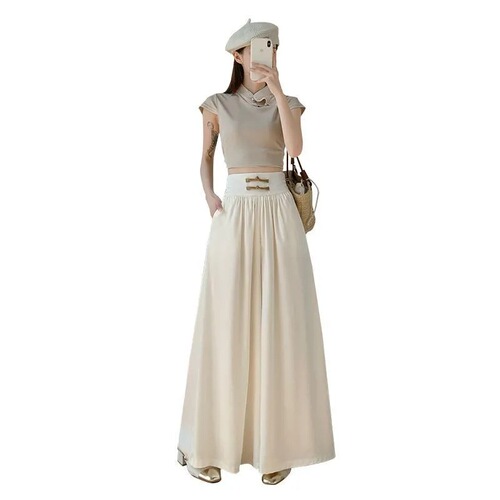 New Chinese Style National Wind Disk Button Ice Silk Chiffon Wide Leg Pants Women Spring and Summer High Waisted Versatile Casual Floor-Length Pants
