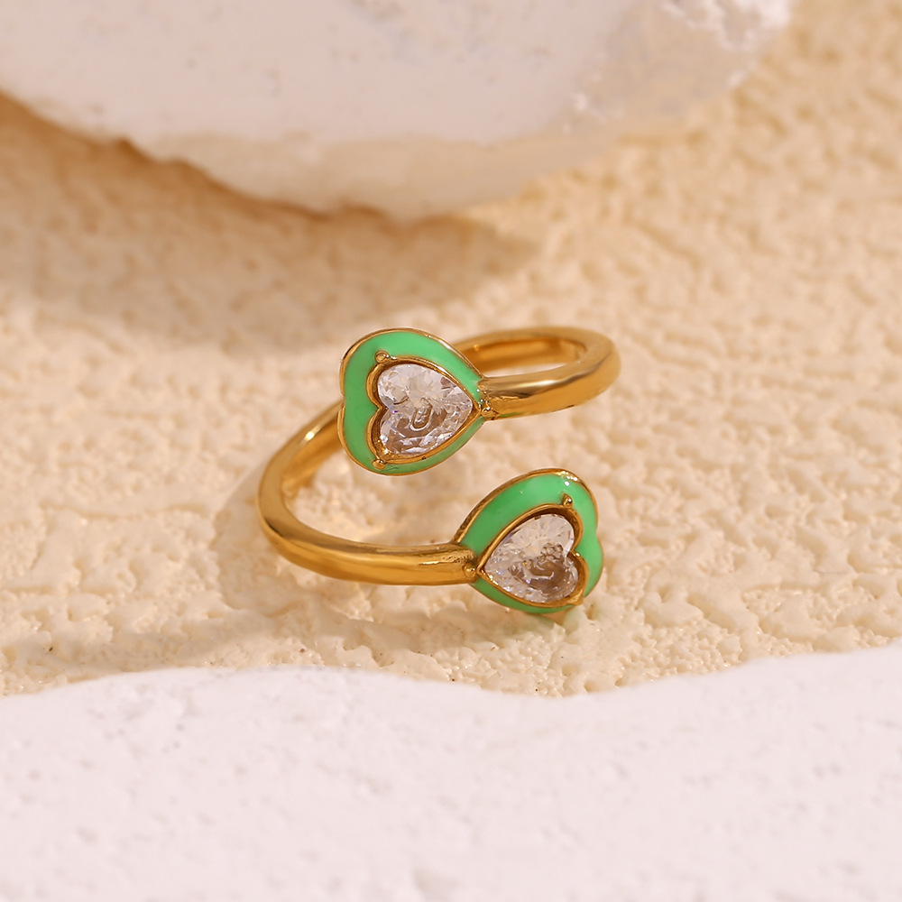 Green Dripping Oil Love With Diamond Opening Ring