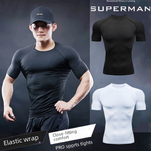Pro Tight Fleece Short-Sleeve Men's Fitness Quick-Dry Training Top High-Elastic Running Basketball Compression Shirt