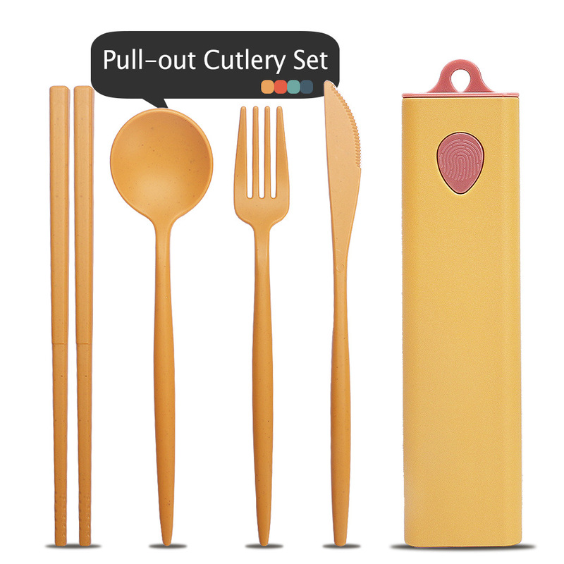 Creative button fingerprint wheat straw tableware suit student travel portable pull box knife fork spoon chopsticks gift