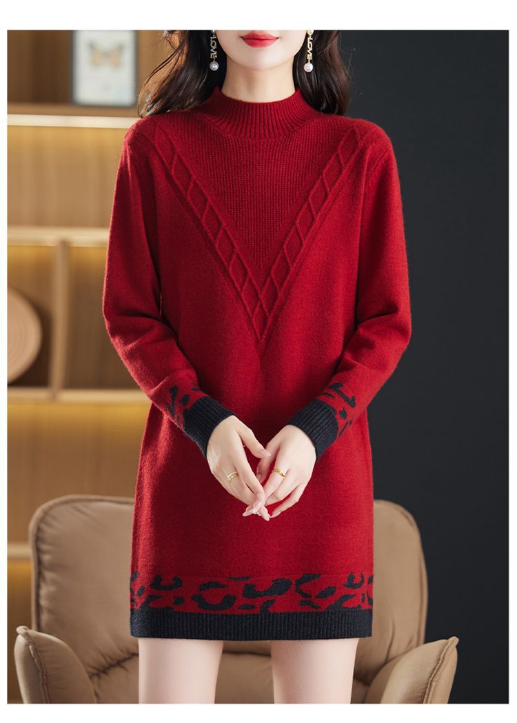 [Cashmere Family] Mittellanger bis langer Pullover aus Wollbasis für Mütter, Wollkleid, lockerer und dicker Jacquard-Strick für Damen_voghion.com
