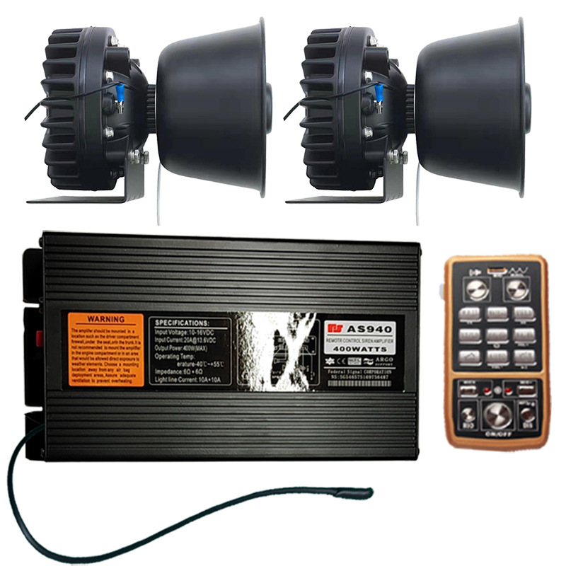 Wireless car alarm system with a 400W high-power loudspeaker, siren, and high-pitched horn, model AS940N, plus a square-shaped speaker with heat dissipation