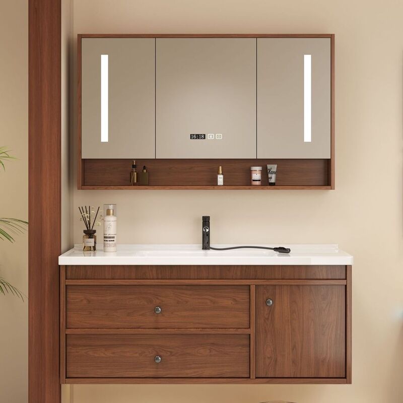 New Chinese-style bathroom cabinet set, solid wood, mid-century style, bathroom ceramic integrated basin, washbasin, smart wash station New Chinese-style bathroom cabinet set, solid wood, mid-century style, bathroom ceramic integrated basin, washbasin, smart wash station
