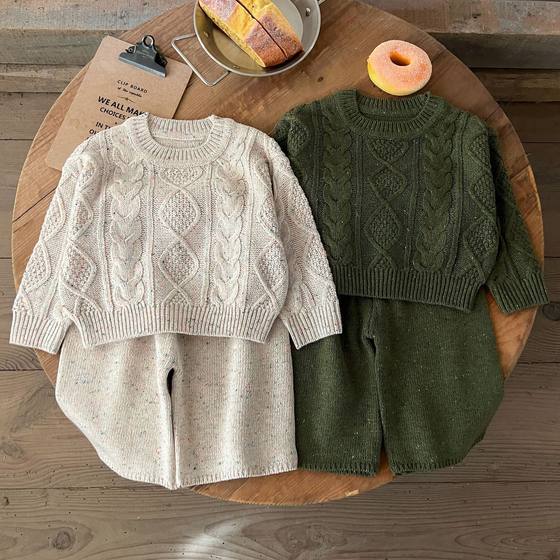 Spring Korean style boys and girls baby 2024 new all-match sweater knitted pullover top spring and autumn middle pants suit