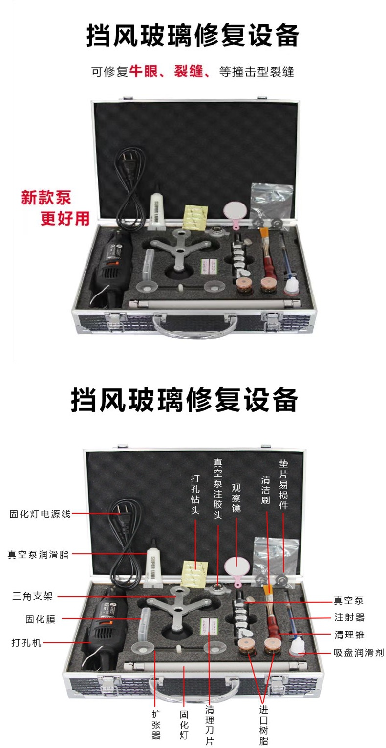 Car windshield repair tool kit, including transparent repair liquid, resin adhesive, and scratch repair solution