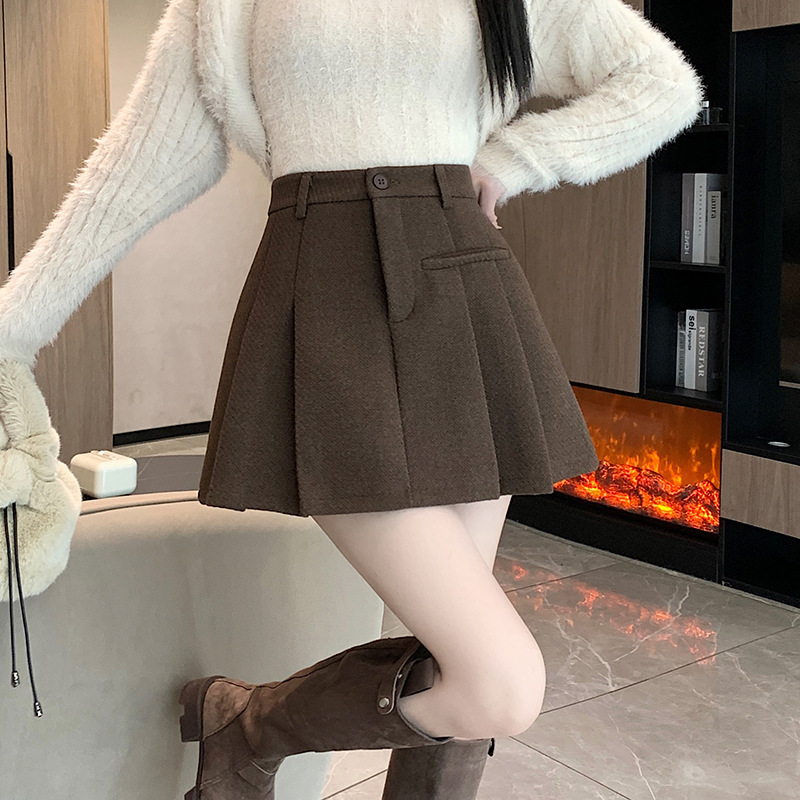 韩版高腰毛呢百褶裙女加厚2025秋冬新款休闲a字短裙防走光半身裙|undefined