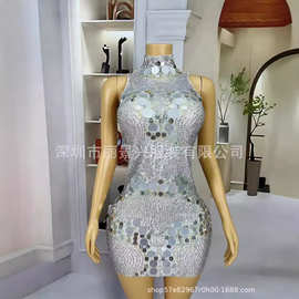 跨境演出服银色高级感包臀裙时尚派对女团舞台打歌服车展模特波点