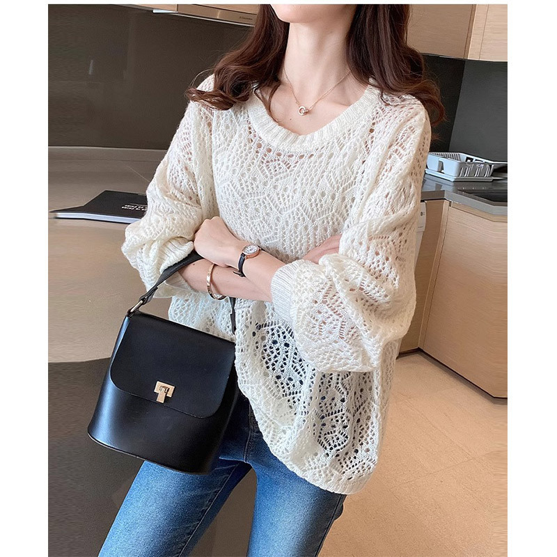 Hollow Knit Women's Thin Loose Spring and Summer 2025 New Sweater Crewneck T-shirt Pullover Sunscreen Blouse Trendy