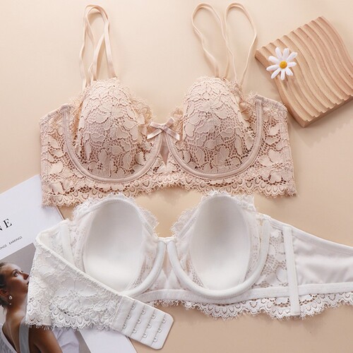 French sexy underwear for women, thin half-cup rabbit ears, big breasts, small bra, soft steel ring lace bra set
