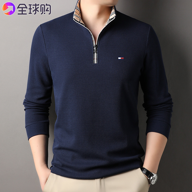 [Outlet Withdrawal] Pure Cotton Long-Sleeved T-Shirt Men's Youth Spring and Autum Stand-Up Collar Zipper Sweatshirt Bottoming Polo Shirt