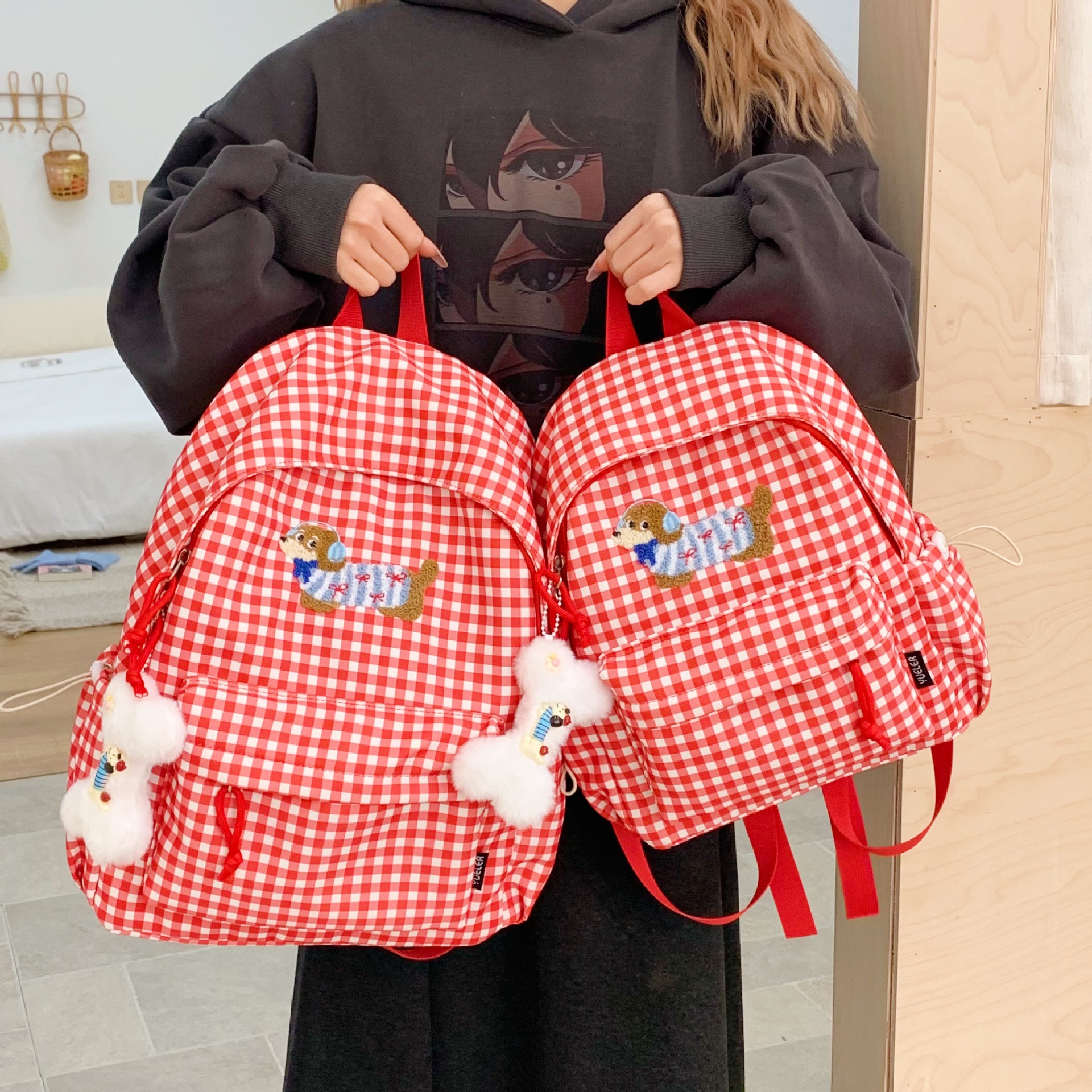 Japanese-Style Ins Girl College Student Dachshund Embroidery Plaid Cute Versatile Large-Capacity Outdoor Backpack