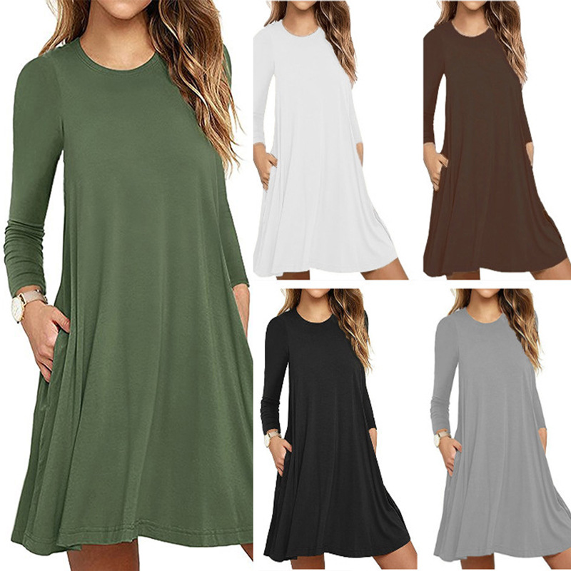 2022 Autumn/Winter New Women's Wear Wish Popular Amazon eBay New Solid Long Sleeve Pocket Dress