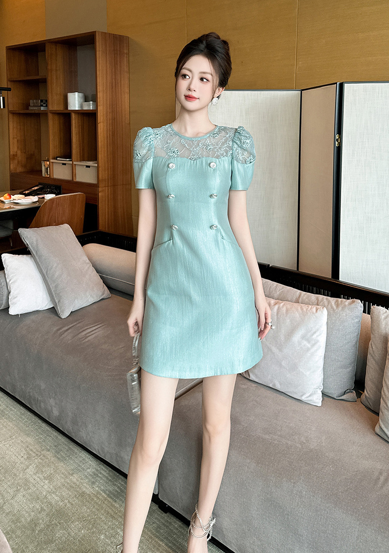 Đầm chữ A nữ thắt eo hai hàng khuy phong cách tea dress mùa hè 2026 — Xanh nước trong chi tiết 10