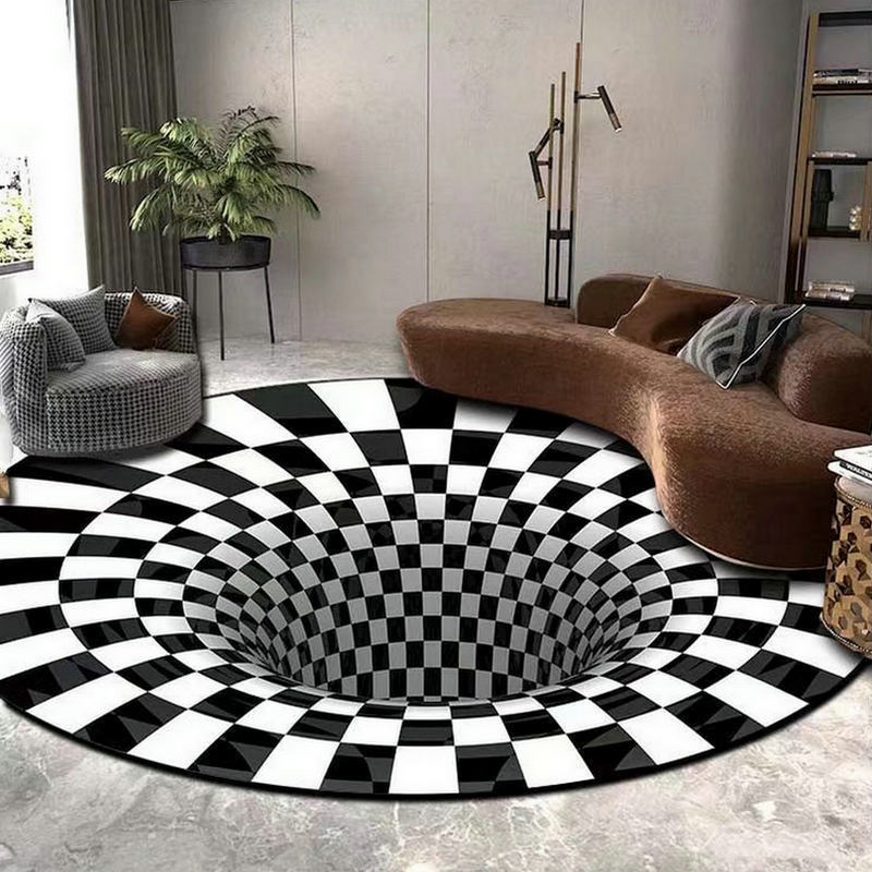 3D visual vértigo ilusión trampa alfombra redonda blanco y negro sala de estar mesa de café de cristal terciopelo casa dormitorio alfombra del piso