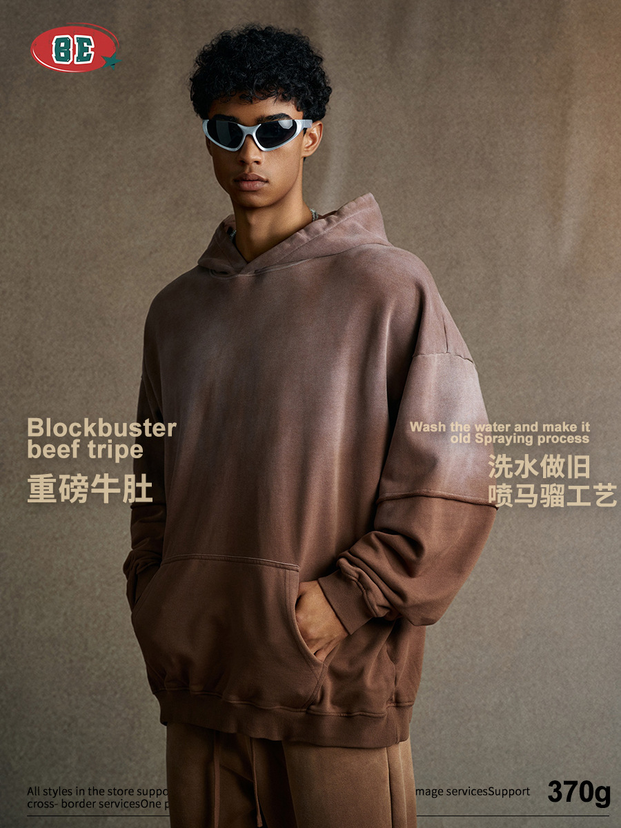 BE Men's Wear 2025 Autumn European and American High Street Heavy Supersize Old degradado falso suéter de dos piezas con capucha para hombres image 3