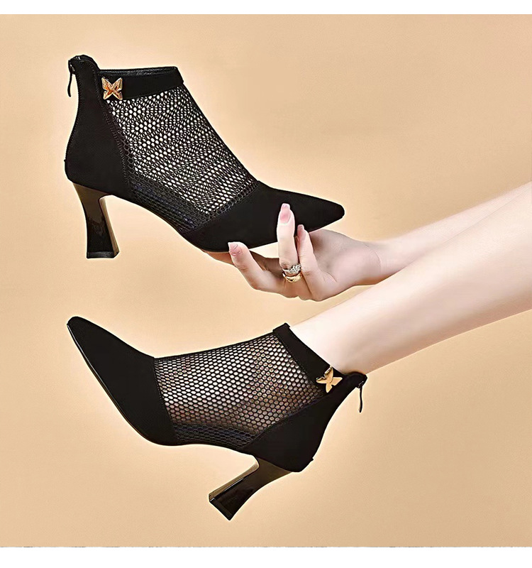 Boot lưới cao gót mũi nhọn nữ da thật gót thô cổ thấp hở gót — Màu đen Cashmere chi tiết 11