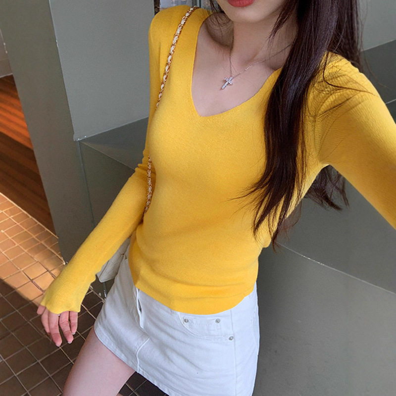 Gentle Style Yellow V Neck Long-Sleeved Knitwear for Women 2025 Autum New Slim Fit Inner Layering Shirt Top